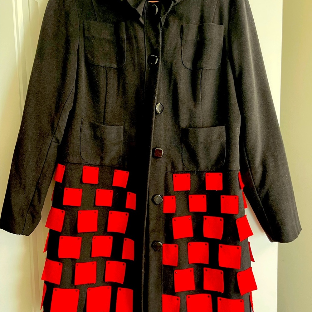 Samuel Dong light coat. Very different black with red “sticky notes”